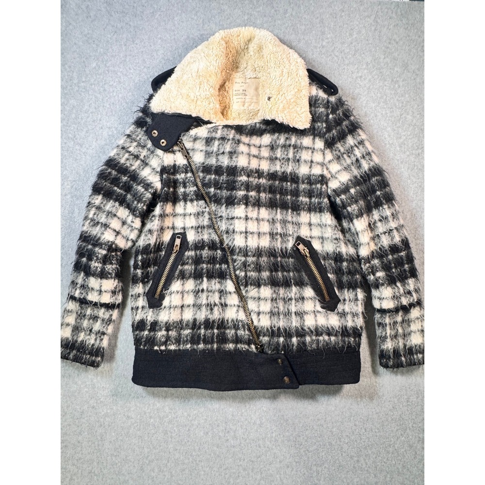 Free People Plaid Moto Jacket Black Cream Fuzzy Shearling Collar XS Boho Biker